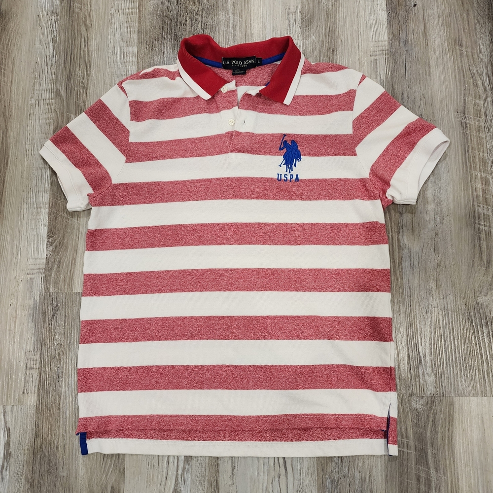 U.S. Polo Assn. Red and White Striped Slim Fit Short Sleeve Shirt - Size Large